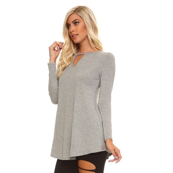 Women's Pullover Jersey Keyhole Tunic Swing H Gray - Picture 2 of 4